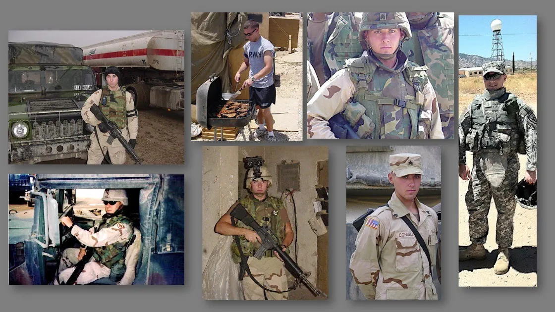 A collage of deployment photos from the Middle East: standing guard by a Humvee and fuel tanker, grilling in Army PT gear, kevlar and body armor portraits, and mounted patrol