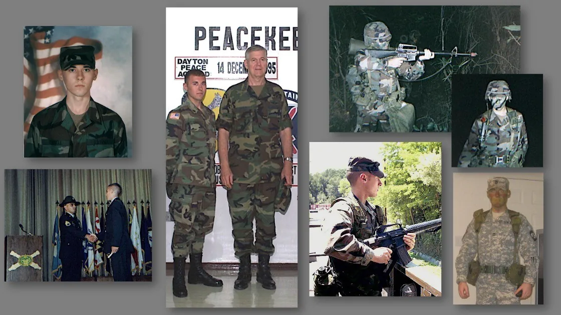A collage of early Army photos: basic training portrait, drill sergeant handshake at graduation, peacekeeping duty in Bosnia beside a general at a Dayton Peace Accord backdrop, and field training exercises