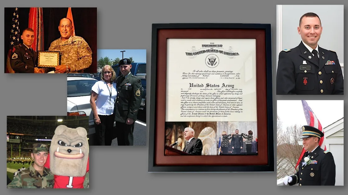 A collage of the commission and officer years: an award ceremony as a Staff Sergeant, a send-off with Mom, posing with the Georgia Bulldogs mascot in uniform, the framed officer commission certificate, and formal portraits in Army dress blues