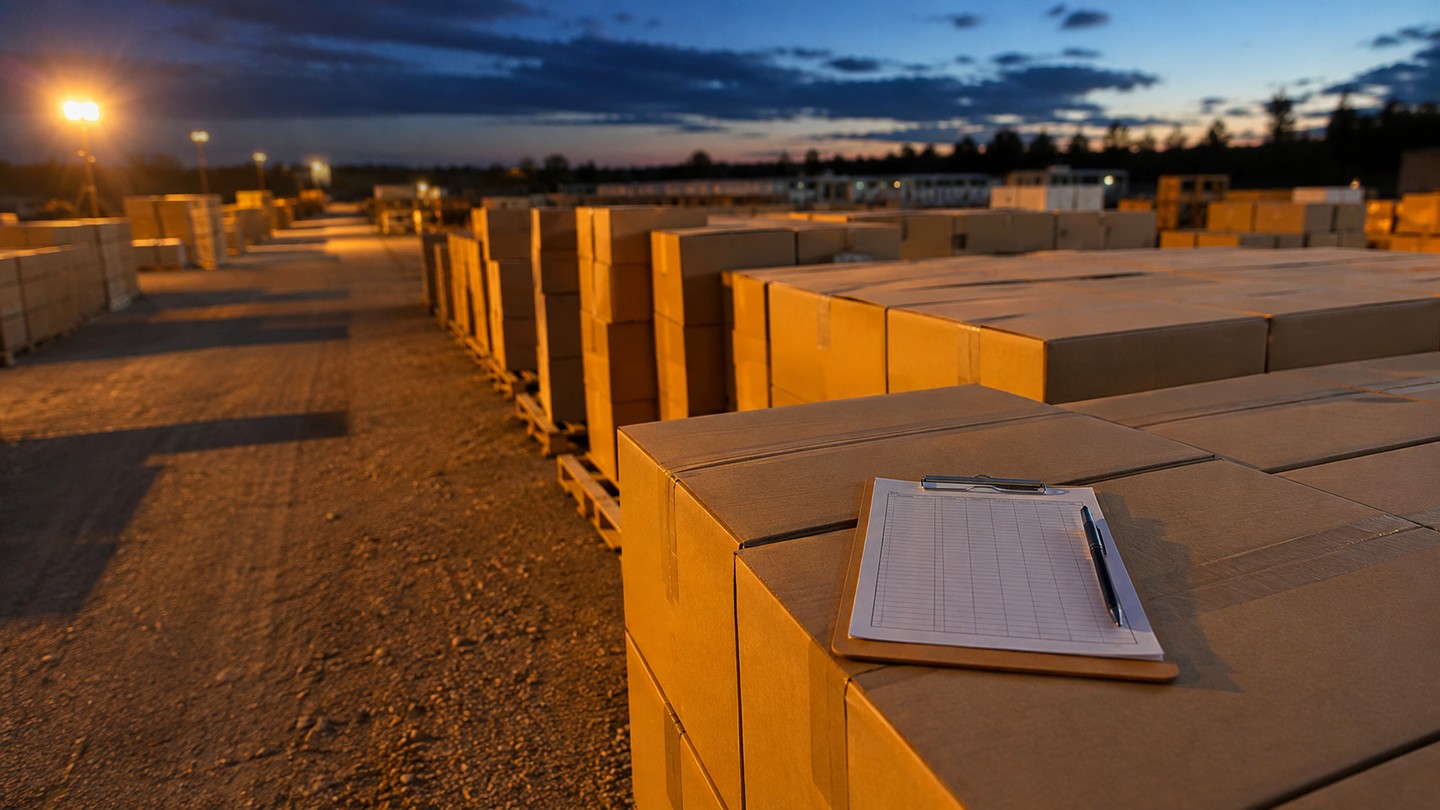 Pallets of plain cardboard relief boxes stacked in rows in a staging area at dusk, a clipboard with a tally sheet resting on the nearest stack, amber floodlight from one side under a deep blue evening sky