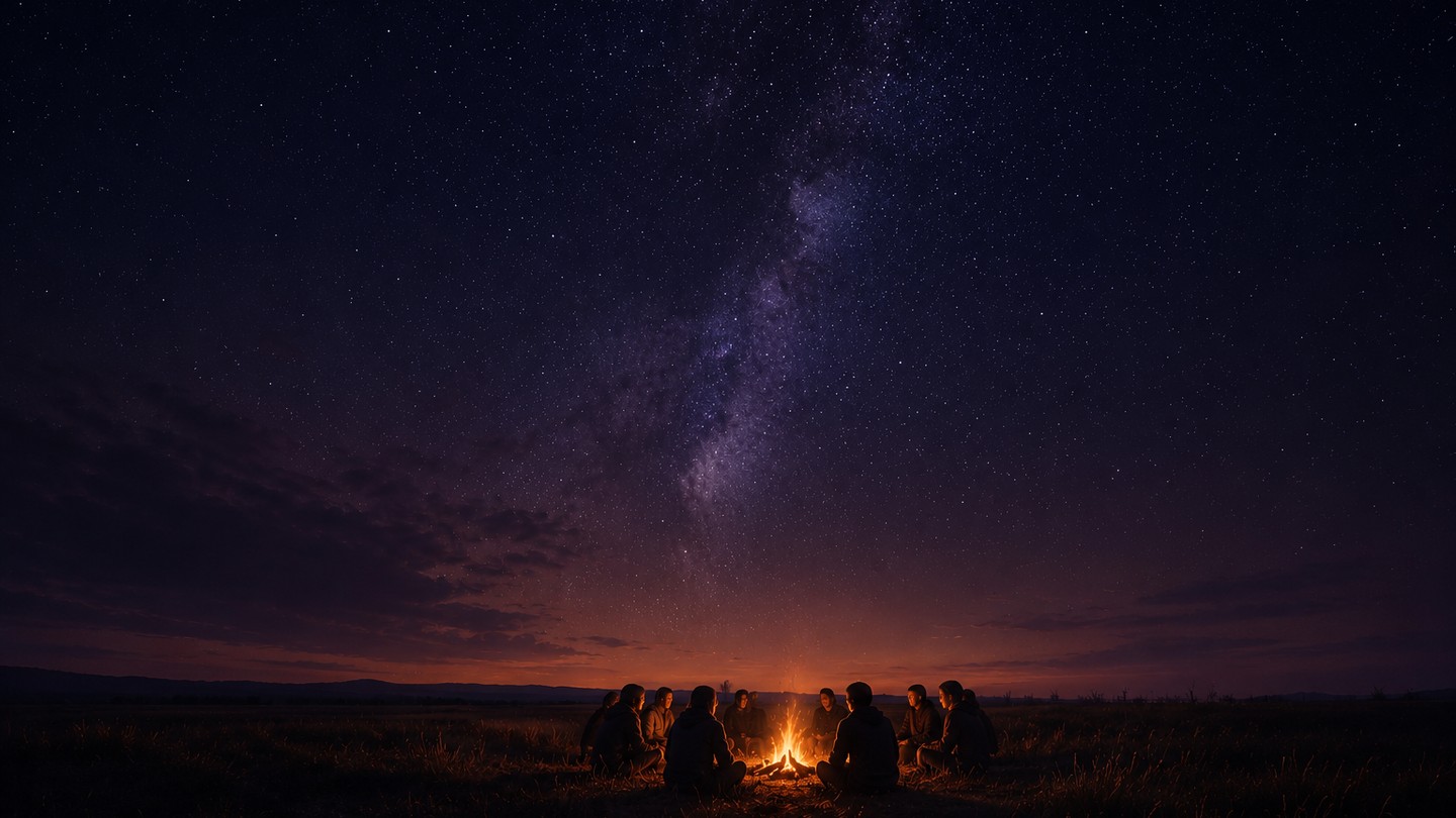 A small circle of people in silhouette around a campfire on open grassland under the Milky Way
