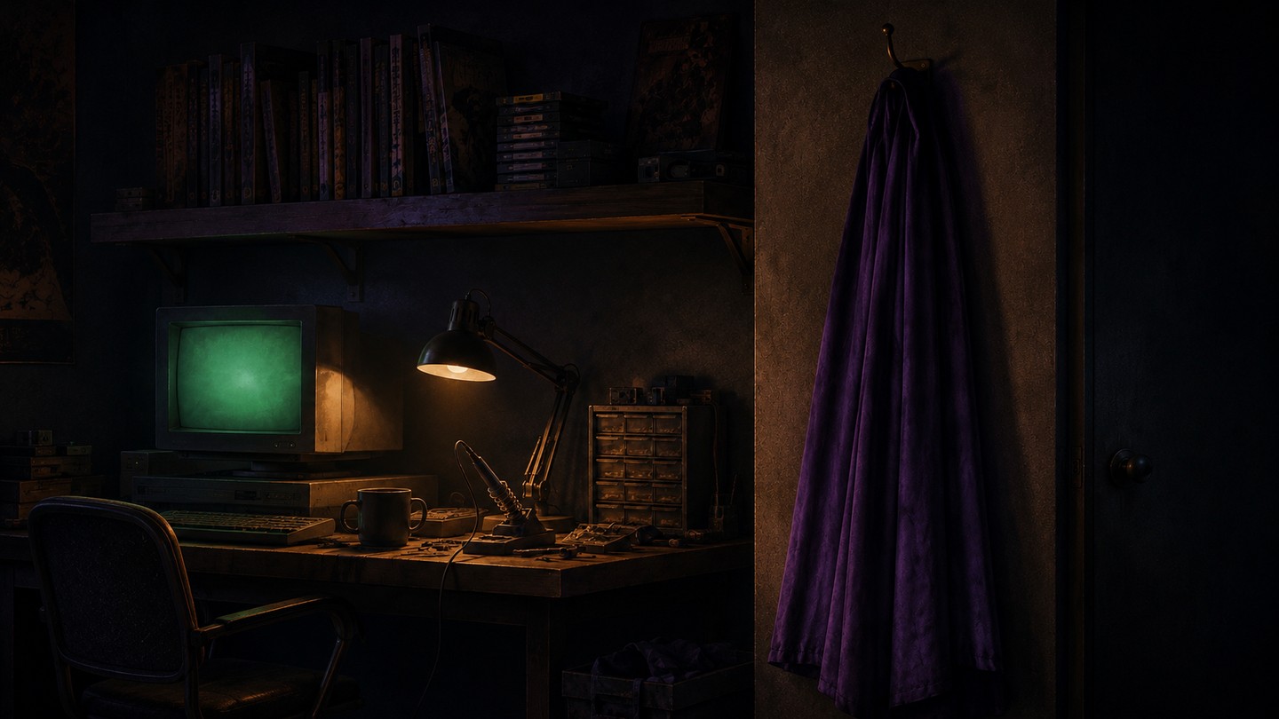 A dim workshop den at night with a green CRT monitor, desk lamp, and soldering iron, and a violet cape hanging on a wall hook by the door