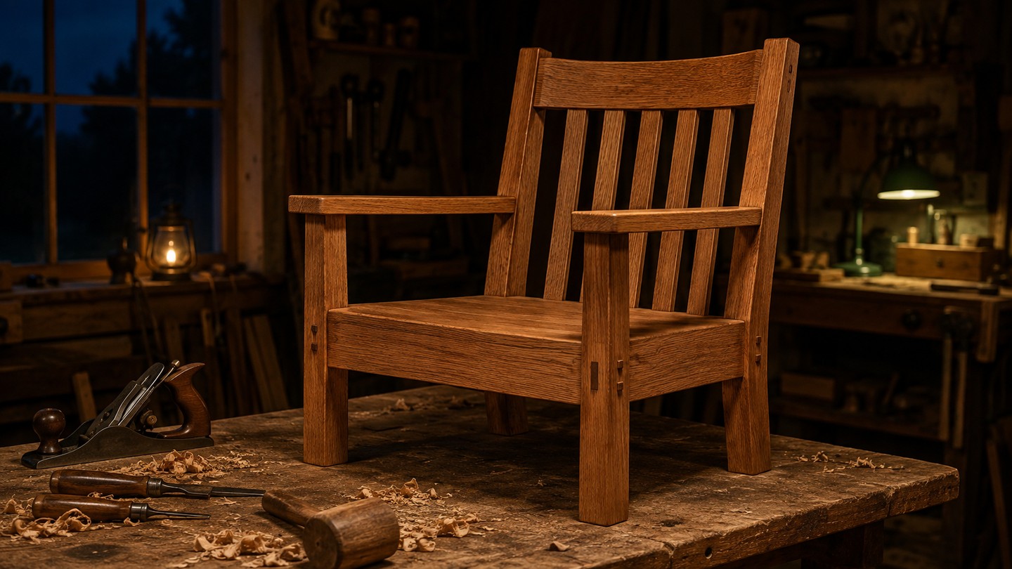 A finished oak Arts and Crafts armchair standing on a heavy workbench in a dim home workshop at night, a hand plane, chisels, a mallet and wood shavings on the bench, warm lamplight with an oil lantern by the window and a green shaded lamp in the background
