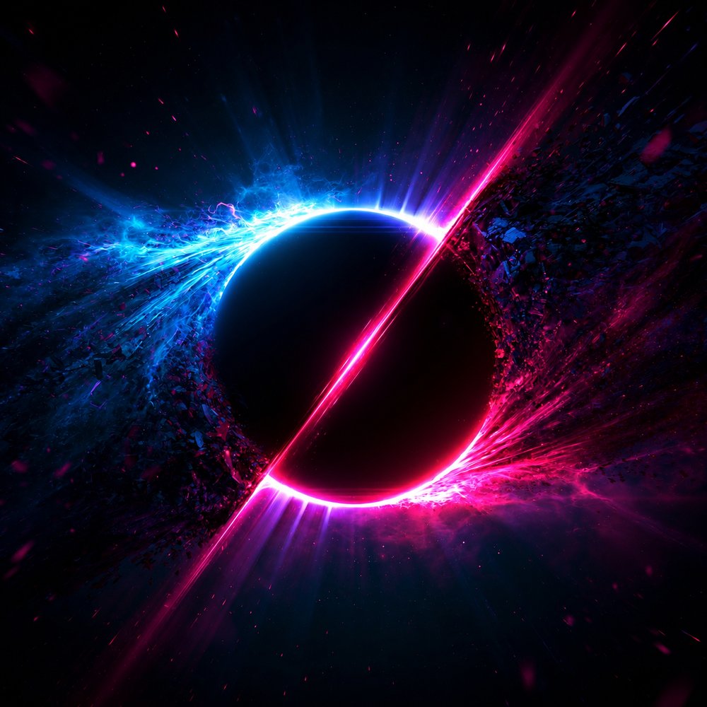 A dark sphere split by a diagonal beam of light, one half radiating blue energy and the other red, like a cosmic yin and yang