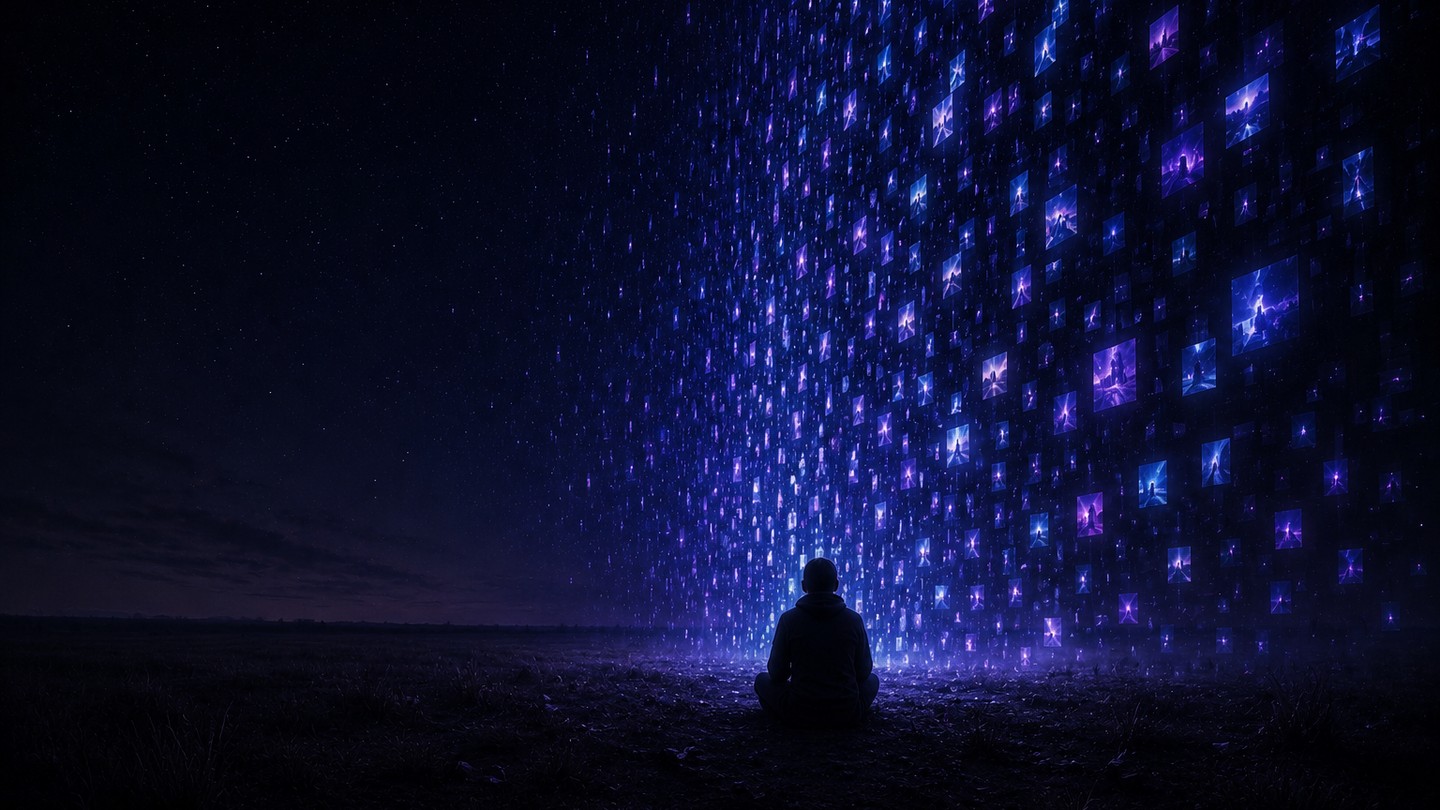 A lone seated figure in the dark facing an endless cascade of small glowing violet and blue screens