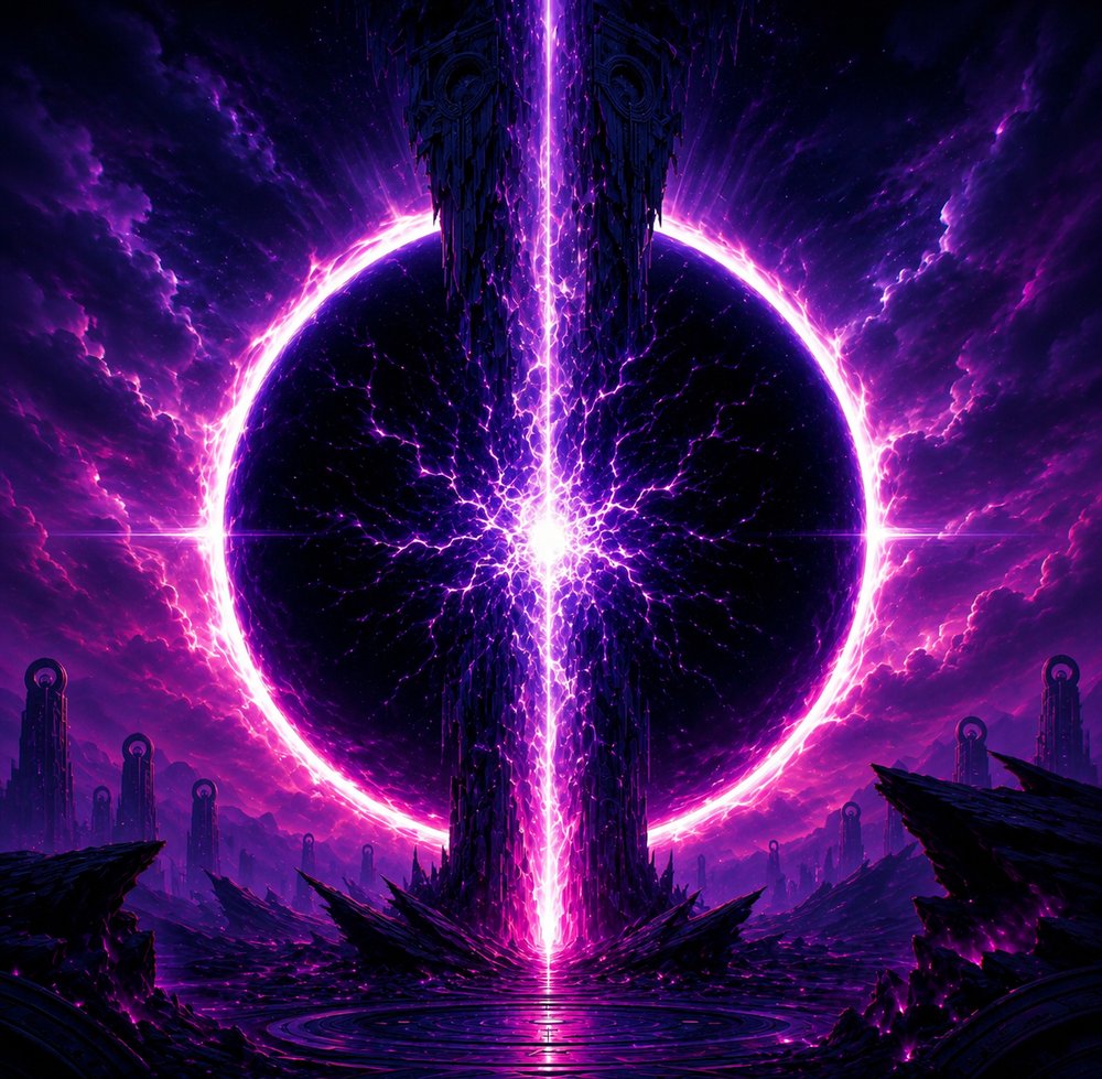 A colossal pillar of violet energy erupting through a dark eclipsed sphere above a jagged alien landscape