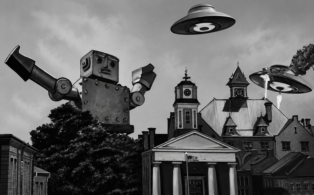 A black-and-white retro sci-fi scene: a giant tin toy robot looming over a small town square while flying saucers hover above the rooftops