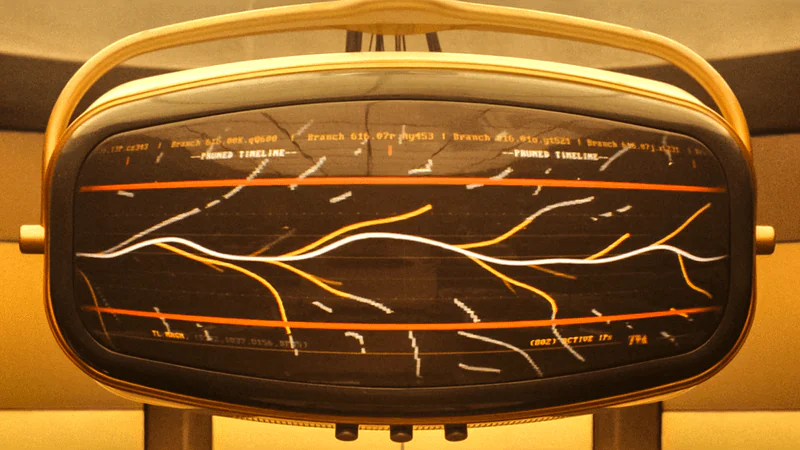 The TVA's monitor in Loki, showing the bright Sacred Timeline with branch timelines splitting off and being marked for pruning.