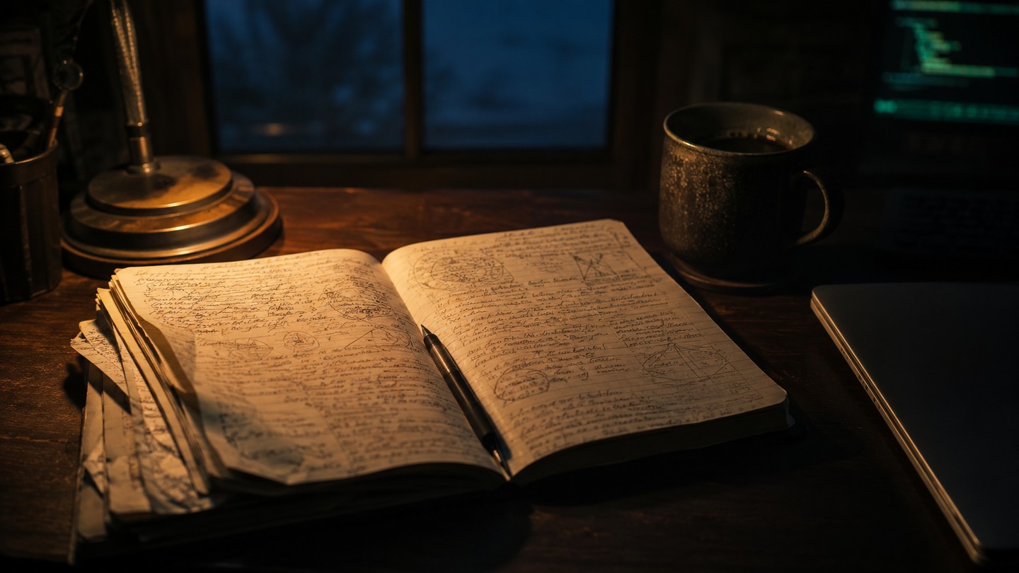 An open notebook on a dark desk at night, both pages covered in dense illegible handwriting and small hand-drawn diagrams, a pen resting in the gutter, loose pages stacked beneath it, a coffee mug and the edge of a laptop nearby, warm lamplight with a green monitor glow in the background
