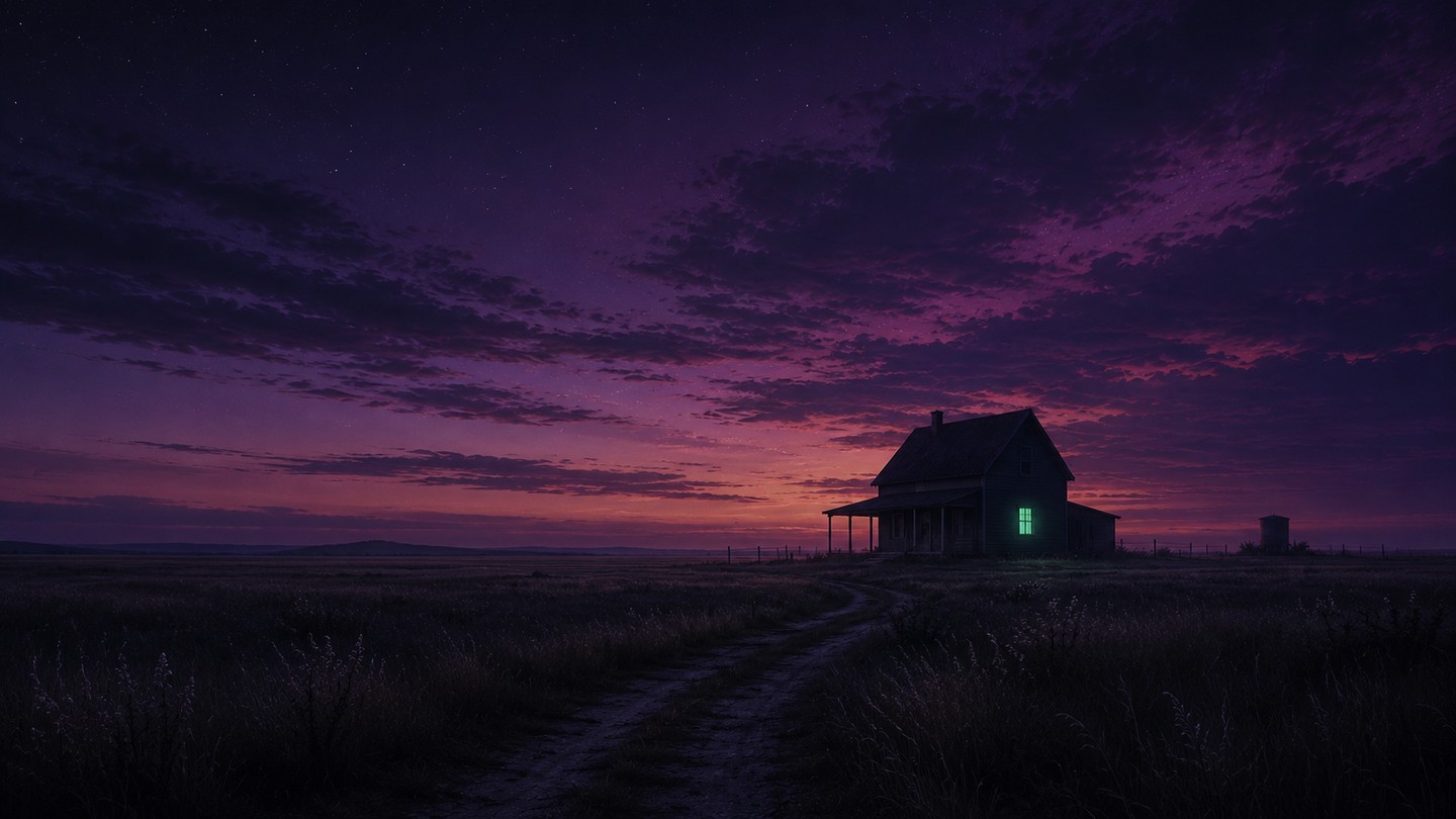A lonely farmhouse on a vast darkening prairie at dusk, violet sky over an orange horizon, one window glowing terminal green