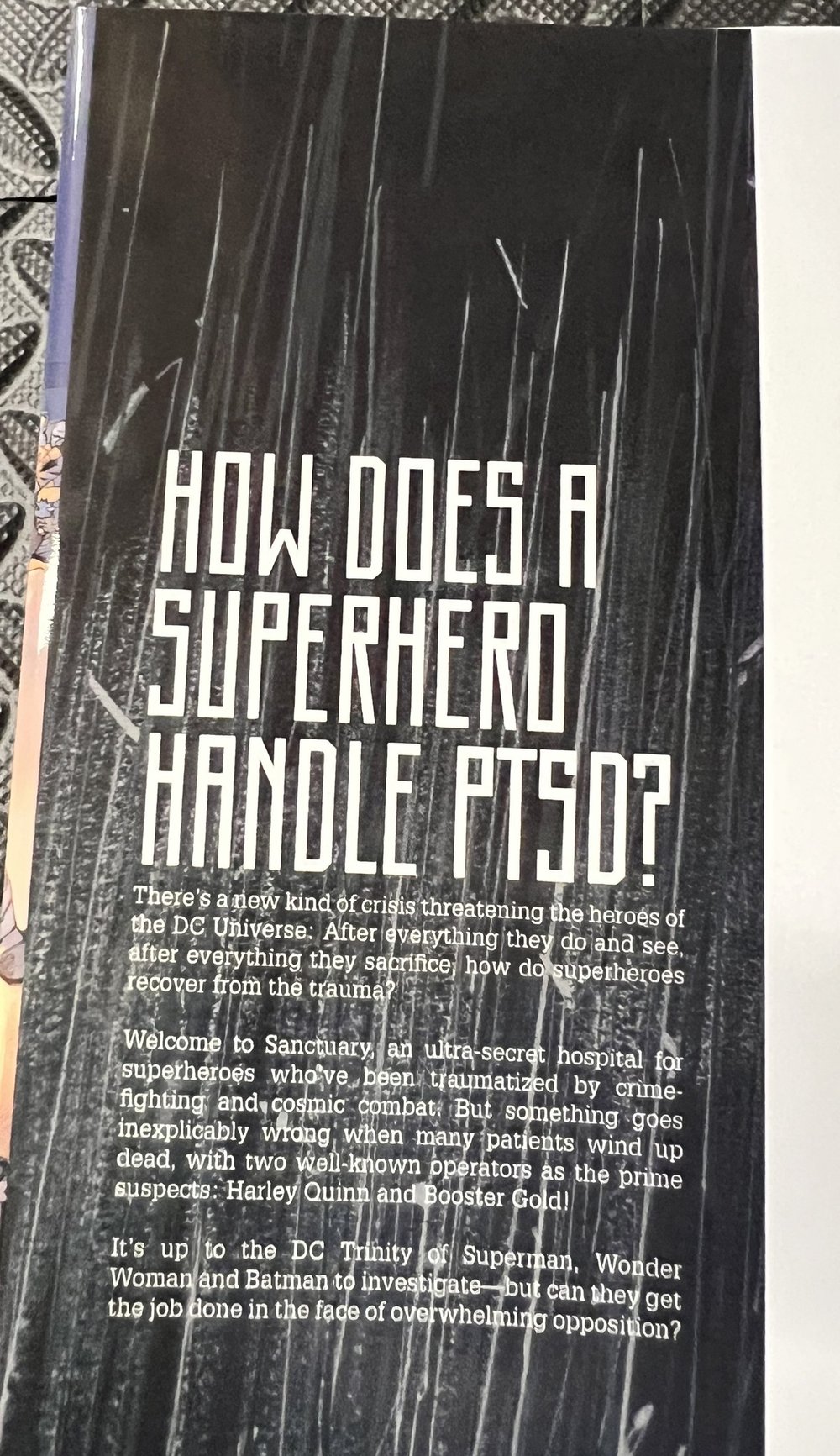 The inside jacket flap of Heroes in Crisis asking in large type how a superhero handles PTSD, above copy introducing Sanctuary as an ultra-secret hospital for traumatized superheroes
