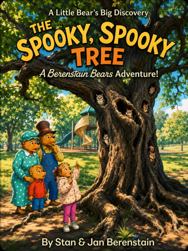 An AI-generated picture-book cover in the Berenstain Bears style titled The Spooky, Spooky Tree, with the bear family beneath a big hollow tree full of owls and squirrels, and a playground slide behind them