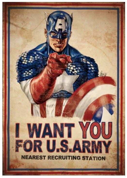 A vintage-styled poster of Marvel's Captain America pointing forward, reading I Want You For U.S. Army, Nearest Recruiting Station