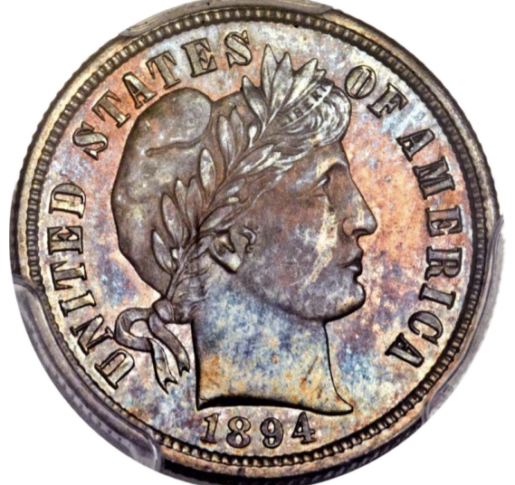 A toned United States Barber dime minted in 1894, showing Liberty's profile with a laurel wreath