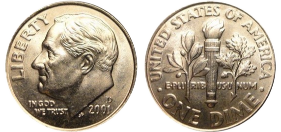 Front and back of a United States dime minted in 2001, showing Roosevelt's profile and the torch with olive and oak branches