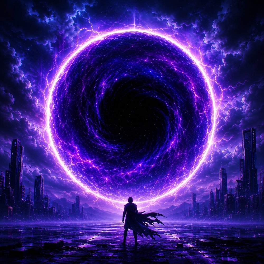 A lone caped figure standing before an immense glowing violet vortex ringed with lightning, above a dark futuristic city